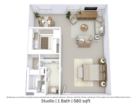 Floor plan for studio, 1 bath, 580 sqft